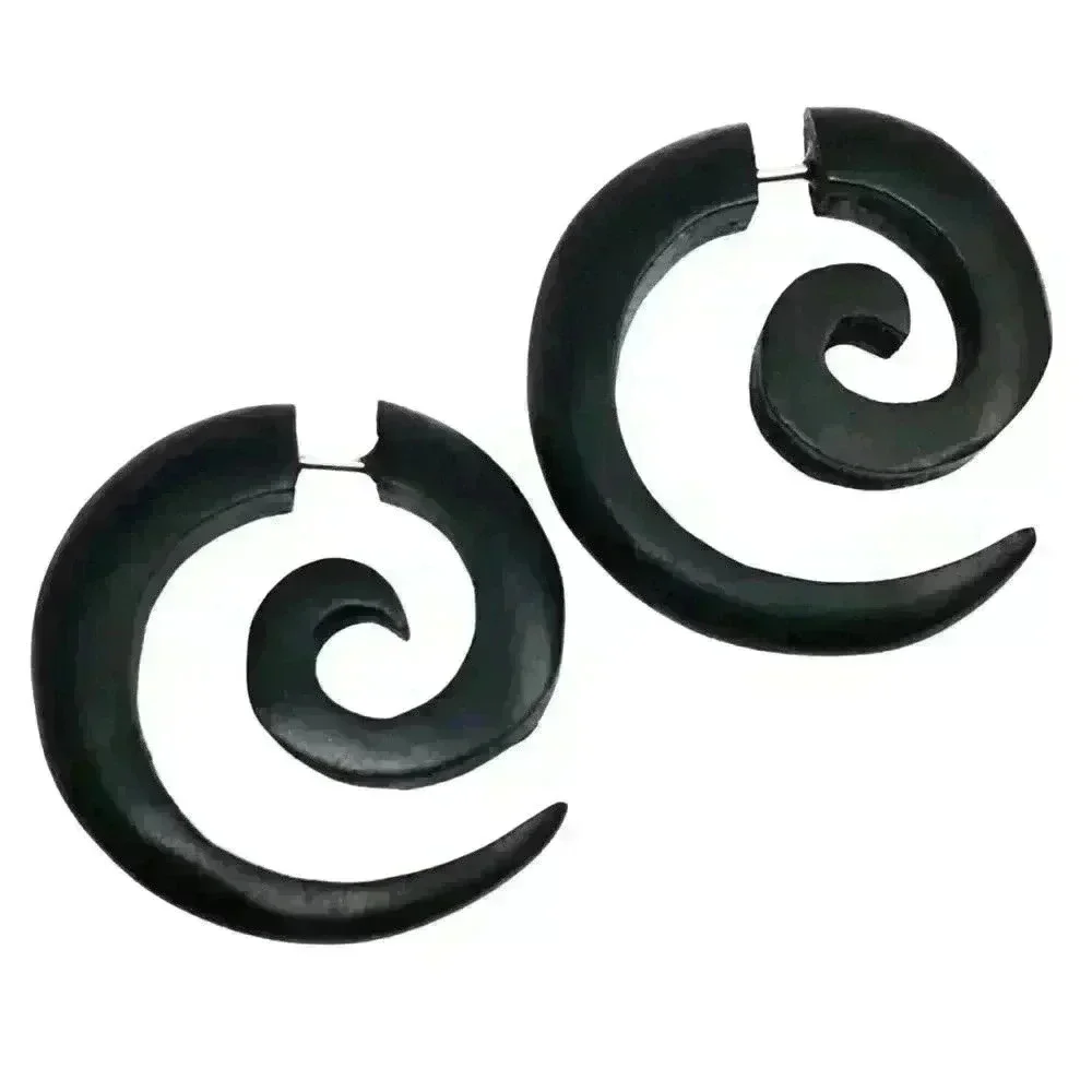 Organic wooden spiral hoop earrings fake gauges by umbrellalaboratory